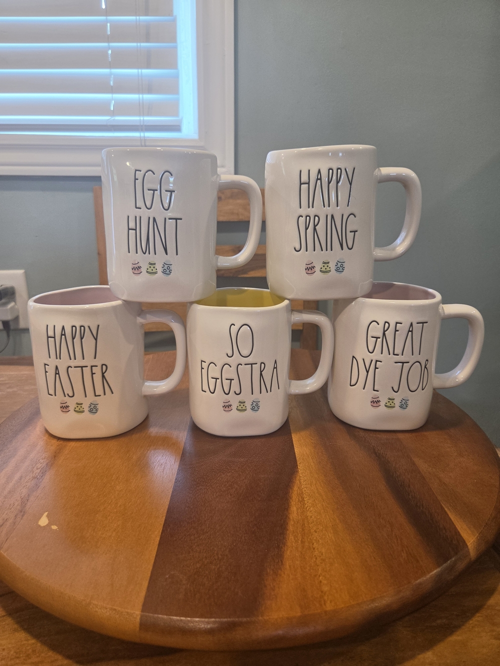 Rae Dunn White Easter-Themed Ceramic Mugs with Pastel Interiors